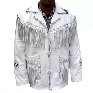 White <b>Men's</b> Western <b>Leather</b> <b>Jacket</b> with Fringe Embroidered Details Turn-down Collar Casual Style Autumn Wear - Product Image 1