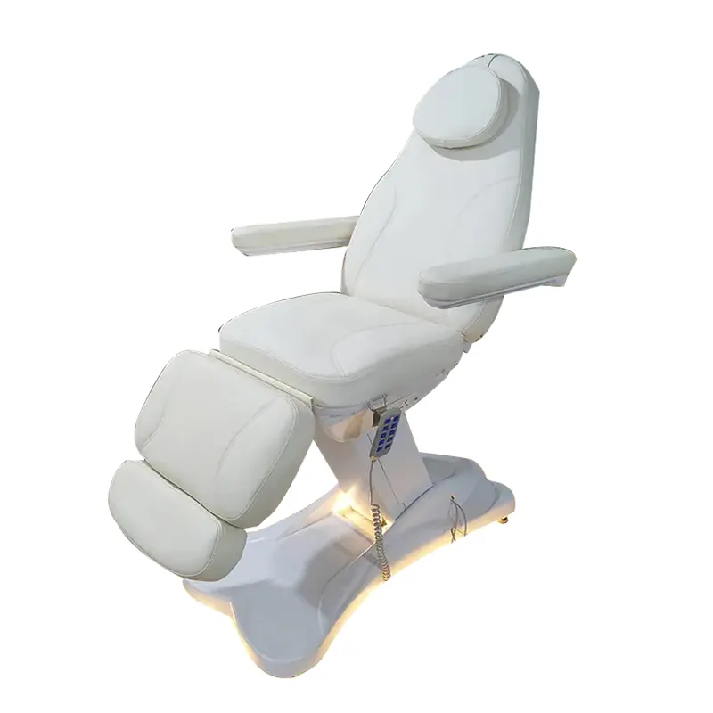Meja pijat elektrik 3 motor putih, kursi kosmetik kecantikan, tempat tidur salon dengan lampu led