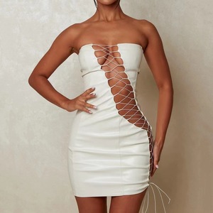 Mode en gros femmes Faux cuir moulante Mini <span class=keywords><strong>robe</strong></span> Sexy sans bretelles à lacets en cuir PU <span class=keywords><strong>robe</strong></span> en <span class=keywords><strong>Latex</strong></span> rue nuit <span class=keywords><strong>robe</strong></span> de soirée - Product Image 6