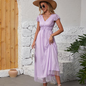 Vネック半袖タイウエストドットレースメッシュドレス,小さなフライングスリーブエレガントなパーティー花嫁介添人用イブニングドレス - Product Image 3