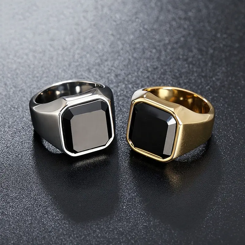 Black Agate Onyx Natural Stone Stainless Steel Jewelry Custom Logo Wedding Band Engagement Gemstone Finger Ring for Men