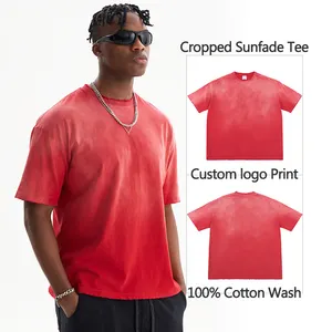 Camiseta 100% algodão vintage, camiseta cortada e desbotada para homens, roupa de rua personalizada com lavagem ácida