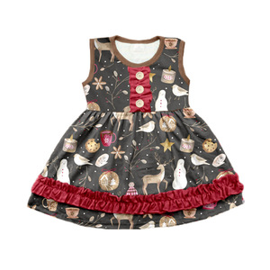 Robe sans manches pour petite fille en soie de lait, robe à volants imprimée avec boutons sur le devant, robe d'été douce en soie de lait pour enfants - Product Image 2