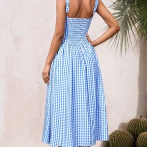 Vestido Casual de Verano para Mujer, Diseño a Cuadros, Bordado, 100% Algodón, Estilo Bohemio, Largo Midi, Venta al Por Mayor OEM - Product Image 5