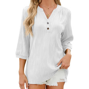 T-shirt femme décontracté printemps-été, nouvelle mode, nouvelle couleur unie, col en V, ample, boutonné, manches mi-longues - Product Image 5