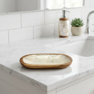 Porte-savon moderne minimaliste en bois antidérapant et écologique avec incrustation de nacre pour évier, facile à nettoyer, utilisation électrique - Product Image 1