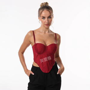 <span class=keywords><strong>Bustier</strong></span> Halter Camisole sans dos en maille ajourée transparente <span class=keywords><strong>à</strong></span> sequins, sexy, fin, <span class=keywords><strong>à</strong></span> armature en os de poisson, rouge pailleté, corset sans couture - Product Image 1