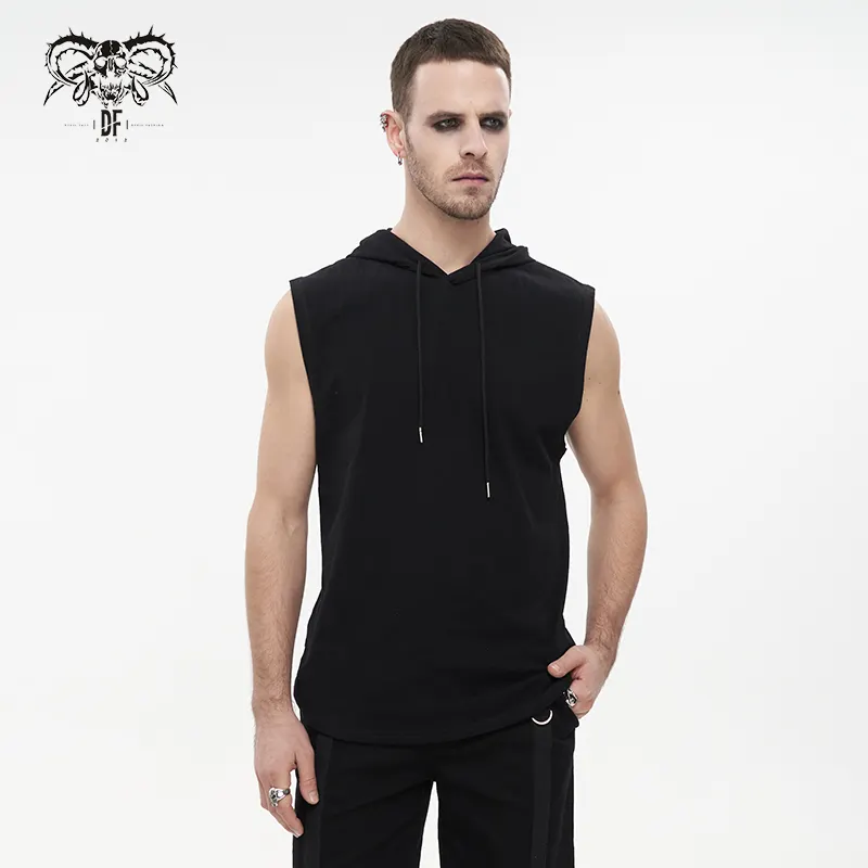 Pull à capuche en tricot noir pour hommes, vêtement d'été basique et polyvalent, style punk à manches courtes, version ample, TT209