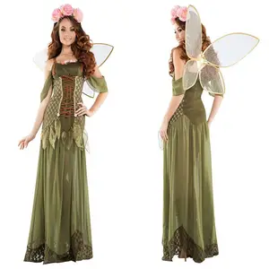 Halloween themed rave party role-play Forest Princess costume green off the shoulder long dress costume