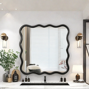 Solid Wood Wavy <b>Square</b> <b>Mirror</b> Black 36 x 36 Modern Wall Decor for Bathroom Bedroom Living Room Dining Room - Product Image 2