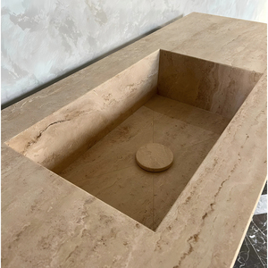 बेज ट्रावर्टिन प्राकृतिक पत्थर काउंटर शीर्ष एकल छेद बाथरूम सिंक आसान साफ सहायक कॉस्मेटिक चूना पत्थर काउंटरटॉप डिस्प्ले - Product Image 1