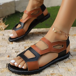 Women Cutout Patchwork Flat <b>Sandals</b> <b>Elastic</b> Ankle Strap Open Toe Contrast Color Summer Ladies Casual Shoes - Product Image 2