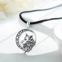 Fine Jewelry Collier pendentif loup en argent sterling 925 avec chaîne en cuir noir et phase de lune pour hommes
