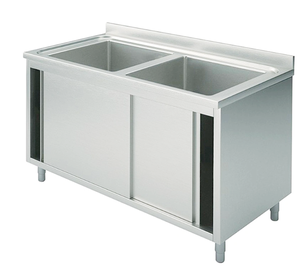 โต๊ะทำงานครัวสแตนเลสอุตสาหกรรมแบบสองอ่างล้างจาน VICTORY KITCHEN รุ่น 201/304 พร้อมตู้เก็บของแบบมีประตูบานเลื่อนสำหรับร้านอาหาร - Product Image 4