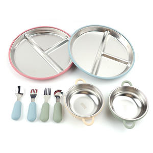 Ensemble de 4 assiettes pour enfants, assiettes divisées à ventouse pour bébé, anti-brûlure, en acier inoxydable, avec coque en silicone amovible - Product Image 1