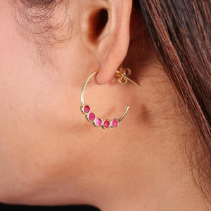 <b>Silver</b> Export House Wholesale Gold Plated Brass Ruby Hoop Earrings, Minimal Daily Wear, 24mm Round Gemstone Pair - Product Image 3