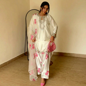 White Silk Salwar Kameez With Pink Floral Embroidery <b>Ankle</b>-Length Traditional Indian Pakistani Wedding Wear Women's Loose Fit - Product Image 1