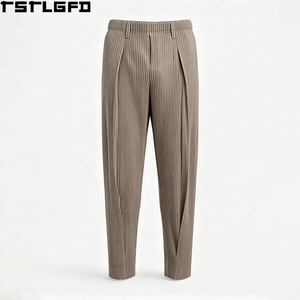 Pantalon plissé OEM/ODM pour homme, couleur taupe, à plis superposés, taille élastique, coupe courte à la cheville, style streetwear Y2K, vente en gros - Product Image 3