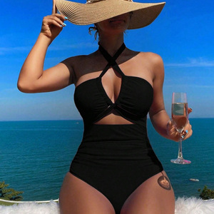 Combinaison de bain unie noire SMLXL sexy dos nu avec coussinets de soutien-gorge - Product Image 1