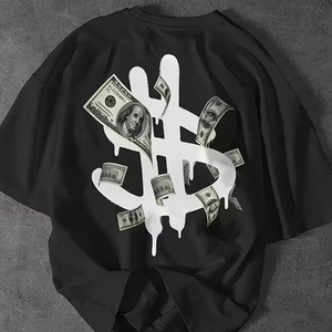 <span class=keywords><strong>T</strong></span>-<span class=keywords><strong>shirt</strong></span> da <span class=keywords><strong>uomo</strong></span> con logo personalizzato, maglietta oversize <span class=keywords><strong>nera</strong></span> con stampa grafica di un simbolo del dollaro e banconote per l'uso quotidiano casual. - Product Image 1