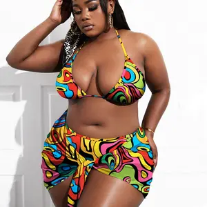 Trendy 4XL Plus Three Piece Swimsuit For Women With Cover Ups Beachwear Bathing Suits Plus Size Swimwear Bikini For Fat Women