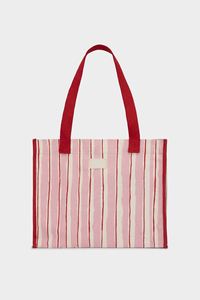 <b>Custom</b> Size Logo Design Oversized Red Pink Stripes Tote Shoulder Grocery Shopping Shopper Bag with Magnetic Snap Button - Product Image 2