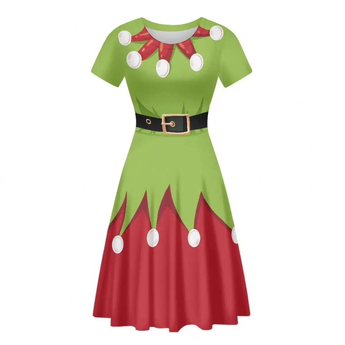 Personalizado de impresión de Navidad de cuello redondo de manga corta único acampanado Midi vestido de las mujeres elegantes vestidos casuales de verano