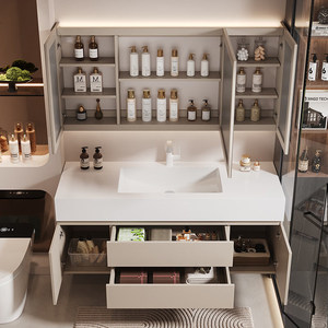 Modern Cream Style Bathroom Vanity Combo with MDF & Melamine Board <b>Wall</b>-Mounted LED <b>Mirror</b> Included Ceramic Basin Cabinet - Product Image 2