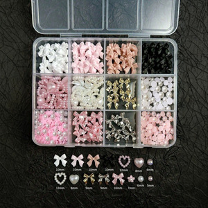 Kit de 12 grilles de breloques pour ongles, motifs nœuds multicolores, rubans, perles et strass, pour ongles à presser, manucure DIY, vente en gros - Product Image 2
