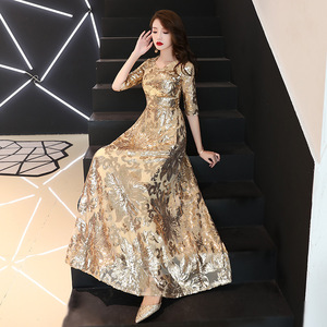 Robe de soirée de luxe en sequins dorés pour femme, élégante, col en <span class=keywords><strong>V</strong></span>, manches mi-longues, coupe trapèze, motif floral, robe de bal - Product Image 3