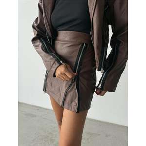 Tan Genuine Leather Pencil <b>Skirt</b> with Zipper Detail <b>Goth</b> Modern Style Short XS Size Featuring Embroidery Ruffles Decoration - Product Image 5