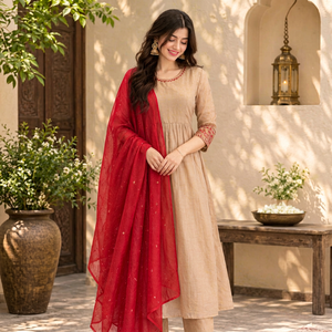 Traje Anarkali de seda beige al por mayor con dupatta roja en contraste y puños bordados - Product Image 1