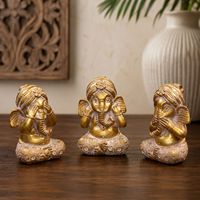 Ensemble de 3 statues de Ganesha en résine personnalisées en gros – Voir, Entendre, Ne Pas Dire le Mal – Figurines dorées de Ganesha, petit dieu éléphant hindou