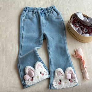 Girls Denim Flared <b>Pants</b> Blue Fleece <b>Lined</b> Winter Casual Long <b>Pants</b> For Children - Product Image 3