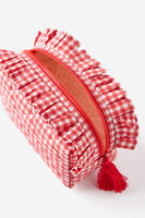 Großhandel Maßgefertigte Gingham-Muster Große Kosmetiktasche Organizer für Damen Schicke Rüschen-Toilettentasche Hautpflege Make-up Etui