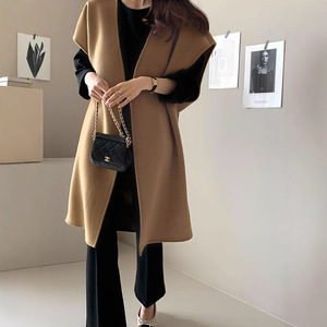 Fashion <strong>Winter</strong> Vintage Japanese Style <strong>Cape</strong> Loose Sleeve Wool Blend Mid Long Collarless Cardigan <strong>Coat</strong> for Women - Product Image 2