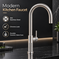 Robinet de cuisine moderne en acier inoxydable brossé, mitigeur monocommande monotrou à poser, eau chaude et froide