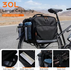 Sacoche de vélo 30L style sport en polyester, résistante à l'eau, avec fermeture éclair et double réflecteur pour porte-bagages arrière - Product Image 4