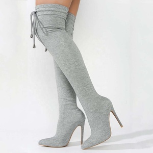Women Stretch Over Knee High Boots Casual Stiletto Pointed Toe Front Lace up Elastic <b>Shoes</b> Leisure Long Booties - Product Image 3