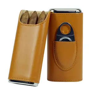 桑尼高级便携式旅行3指棕色皮革雪茄手提箱，带不锈钢切割器