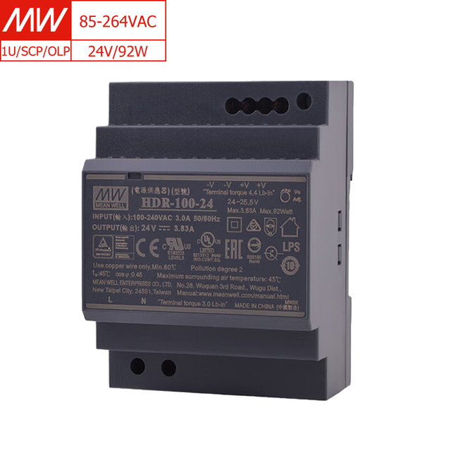 MEAN WELL HDR-100-24 100W Industrial DIN Rail Power Supply, 24V, 3.83A, 85-264VAC Input, 90% Efficiency, for Automation Systems