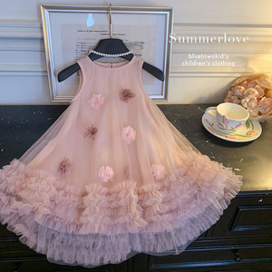 Abito da Principessa Senza Maniche per Bambine con Fiori 3D, Tessuto Morbido in Misto Cotone-Poliestere, Stile <span class=keywords><strong>Dolce</strong></span> ed Elegante, Ideale per l'Uso Quotidiano - Product Image 3