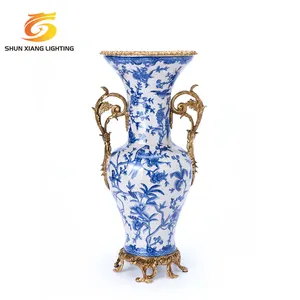 Kotak tisu cangkir stoples jahe ornamen dekorasi rumah cat tangan Vintage mewah kotak tisu mangkuk vas keramik biru dan putih