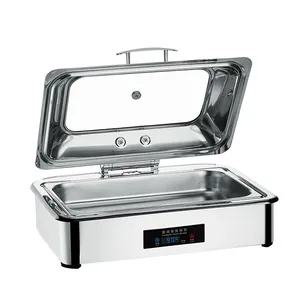 Luxury Gold Digital <b>Electric</b> Chafing Dish Stainless Steel <b>Buffet</b> <b>Food</b> <b>Warmer</b> With Hydraulic Soft Close Glass Lid For Hotel Weddi - Product Image 1