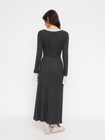 Robe midi grise côtelée Joydressing en gros, manches évasées contrastantes, taille froncée, style moulant, prix d'usine