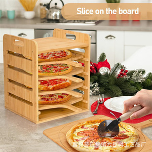 Support à pizza en bambou avec poignée, plateau de service en bois à 4 niveaux pour pique-nique en plein air et utilisation en cuisine - Product Image 1