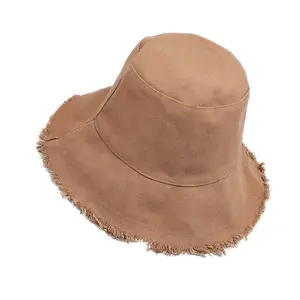 Hot Sale Summer Fashion Beach Sonnenschutz Fischer hüte Plain White Adult Frayed Brim Cotton Bucket Hat