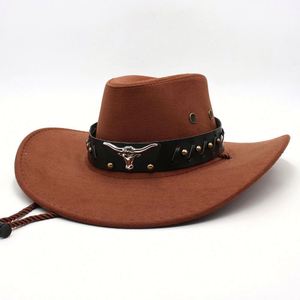 Unisex Retro Western Cowboy Hat European American <b>Style</b> New Bull <b>Head</b> Logo Belt Ethnically Designed Fabric for Outdoor Travel - Product Image 4