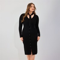 Robe en tricot côtelé en viscose pour femme, taille plus, col noué, boutonnée devant, longueur midi, style chic et élégant, vêtements d'hiver et de printemps personnalisés