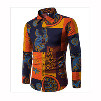 Chemise décontractée pour homme de style ethnique à manches longues, imprimée et patchwork, grande taille, boutonnée, en jersey
